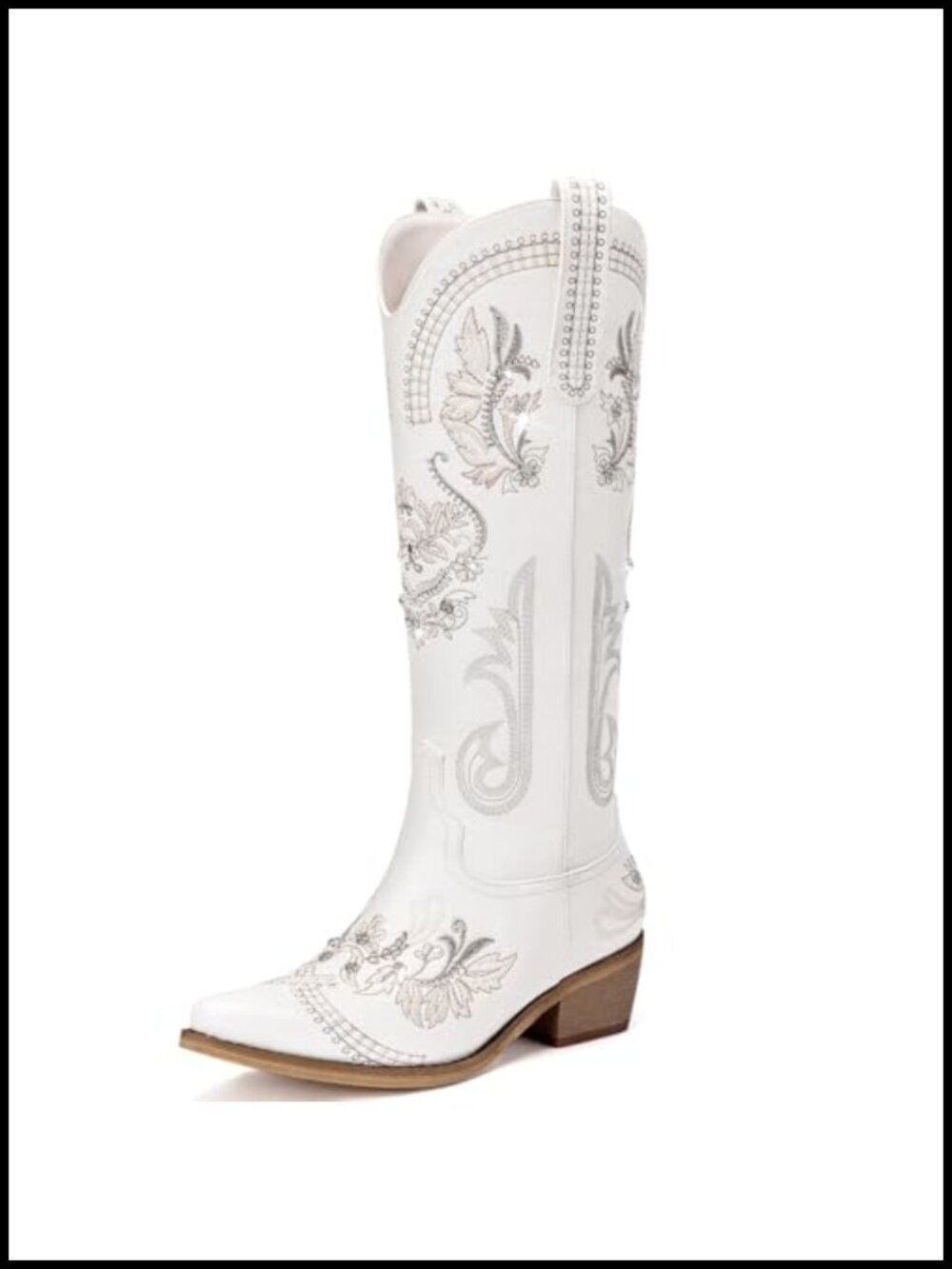 Knee High Western Cowboy Boots Faux Leather Pointed Toe Rhinestone Embroidered
